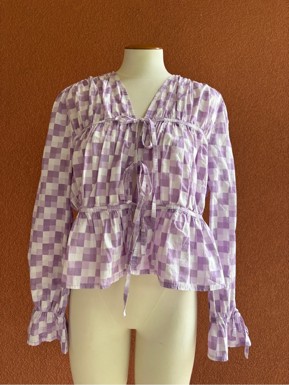 Lilac Gingham Tie-Front Blouse